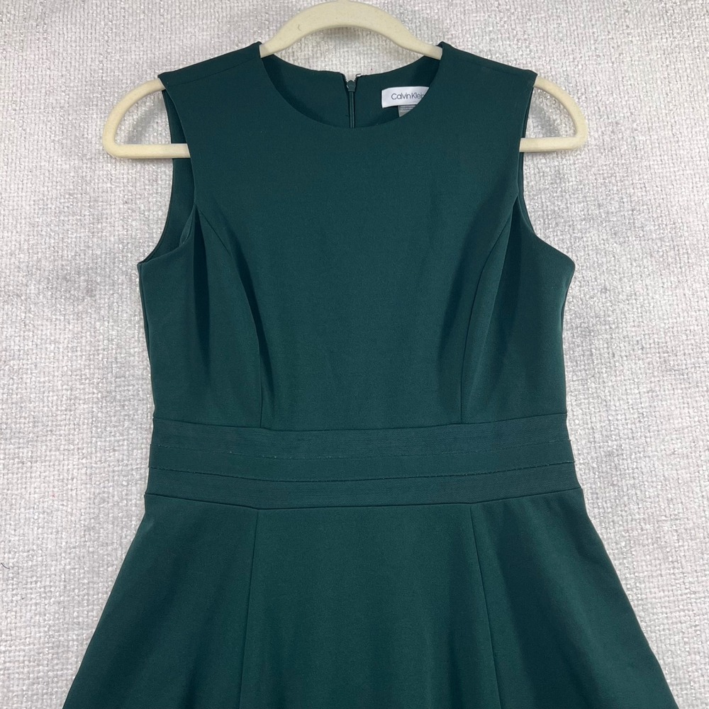 Calvin Klein Forest Green Sleeveless Fit and Flare Dress Mesh Hem Size 4 - Picture 3 of 9